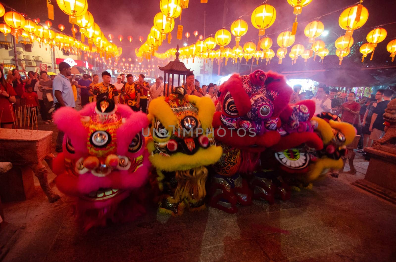 Georgetown, Penang/Malaysia - Jan 24 2020: Lion dance performance at Goddess of Mercy Temple during chinese new year.
