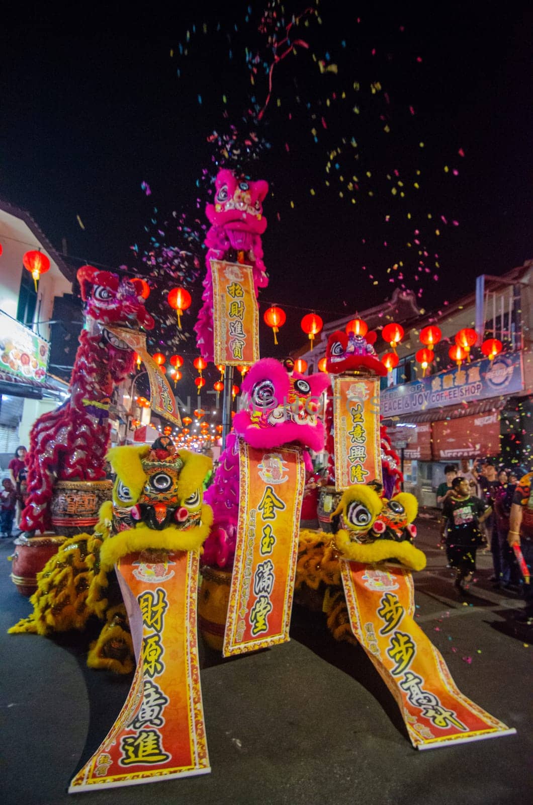 Georgetown, Penang/Malaysia - Jan 24 2020: Lion dance performance with banner wish good luck.