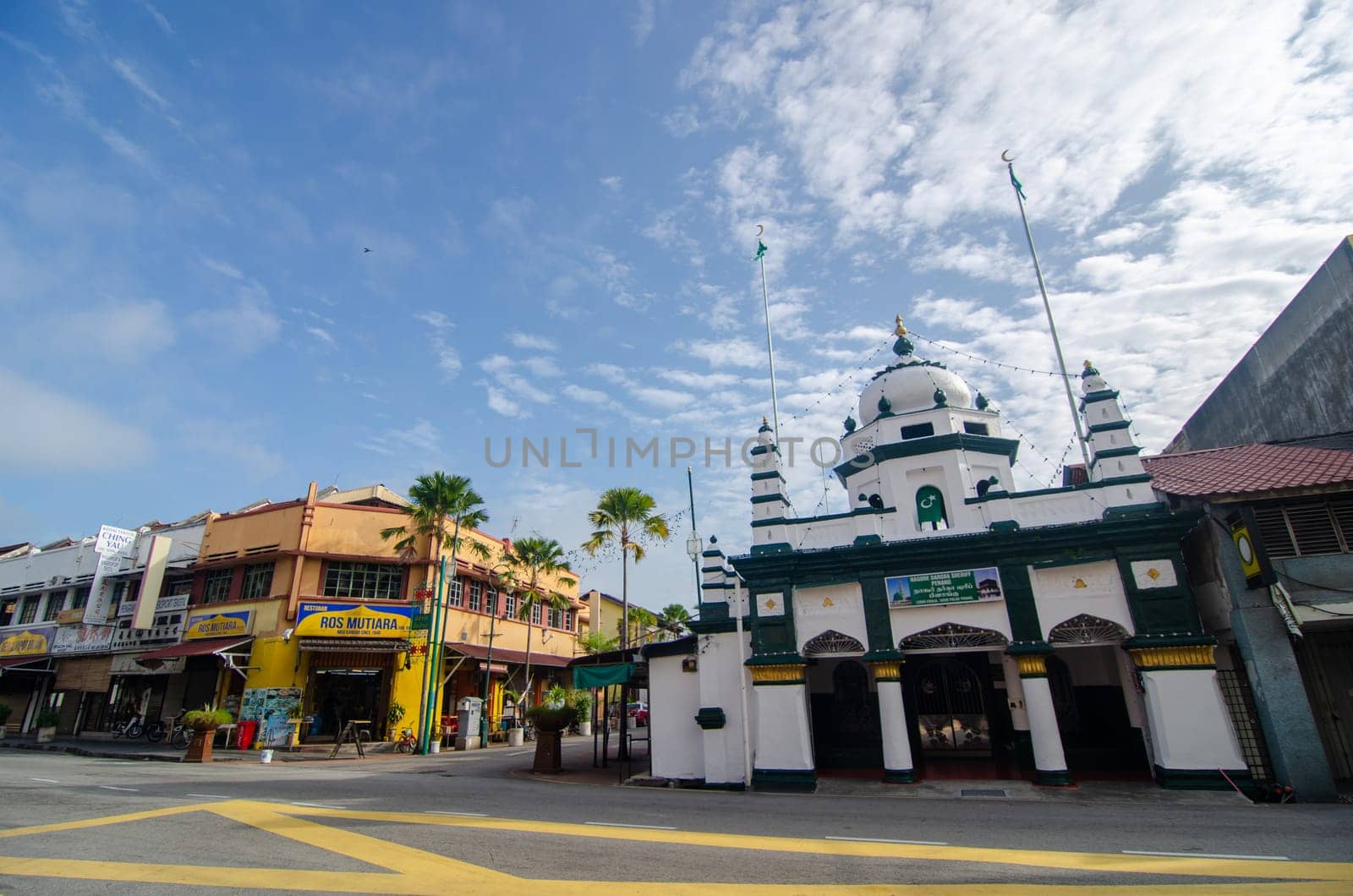 Georgetown, Penang/Malaysia - Feb 14 2020: Nagore Dargha Sheriff Mosque and old heritage house