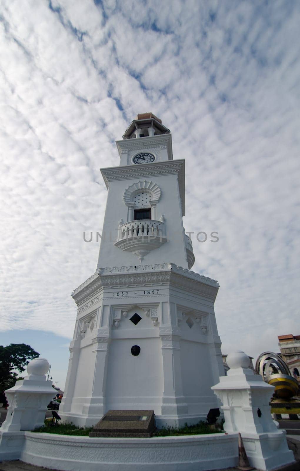 Georgetown, Penang/Malaysia - Feb 14 2020: Clock tower at Esplanade under cloudy day.