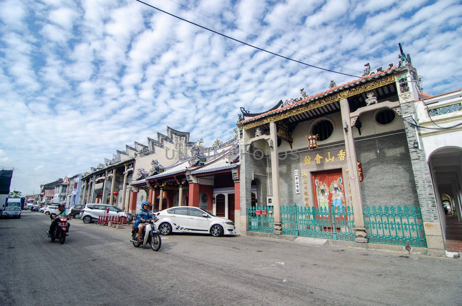 Georgetown, Penang/Malaysia - Feb 14 2020: Wide angle view King Street with old chinese temple.