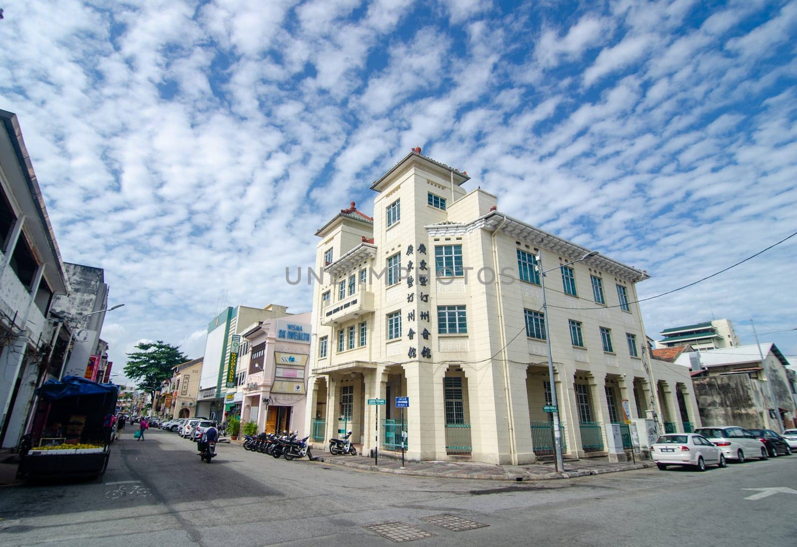 Georgetown, Penang/Malaysia - Feb 14 2020: Wide angle heritage house under blue sky.
