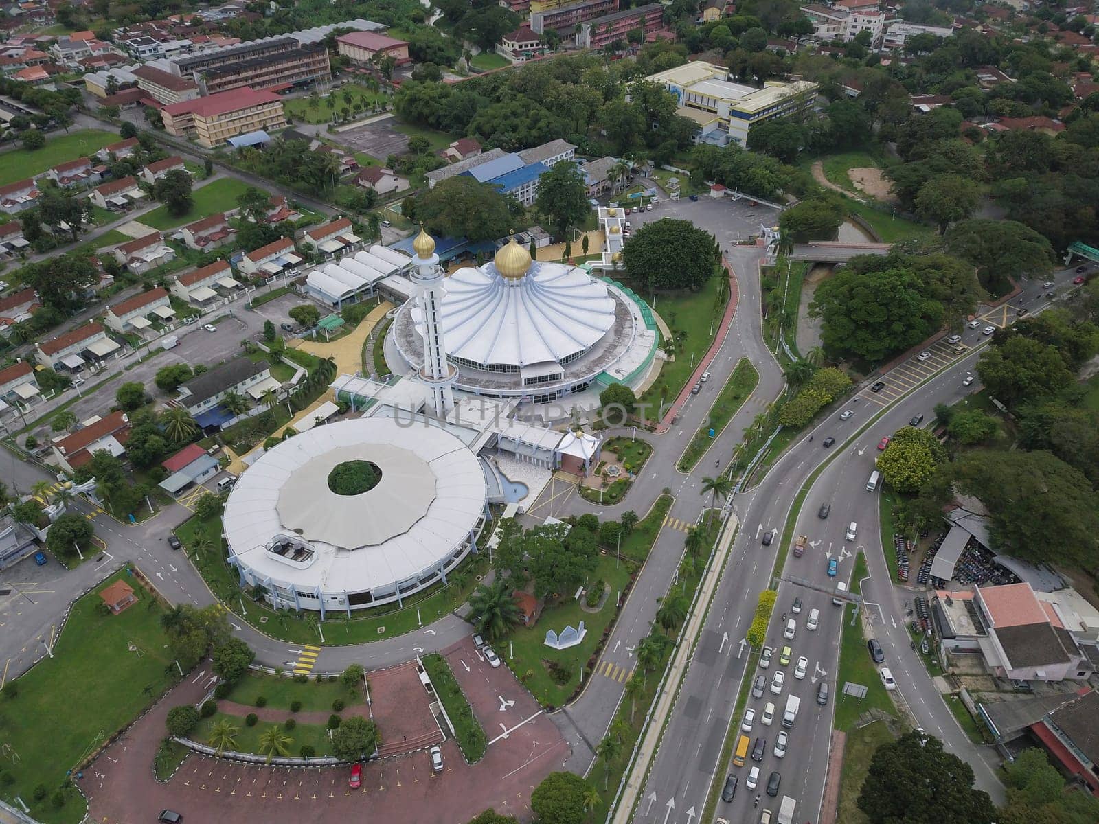 Ayer Itam, Penang/Malaysia - Oct 29 2019: Aerial view Penang state mosque with road traffic.