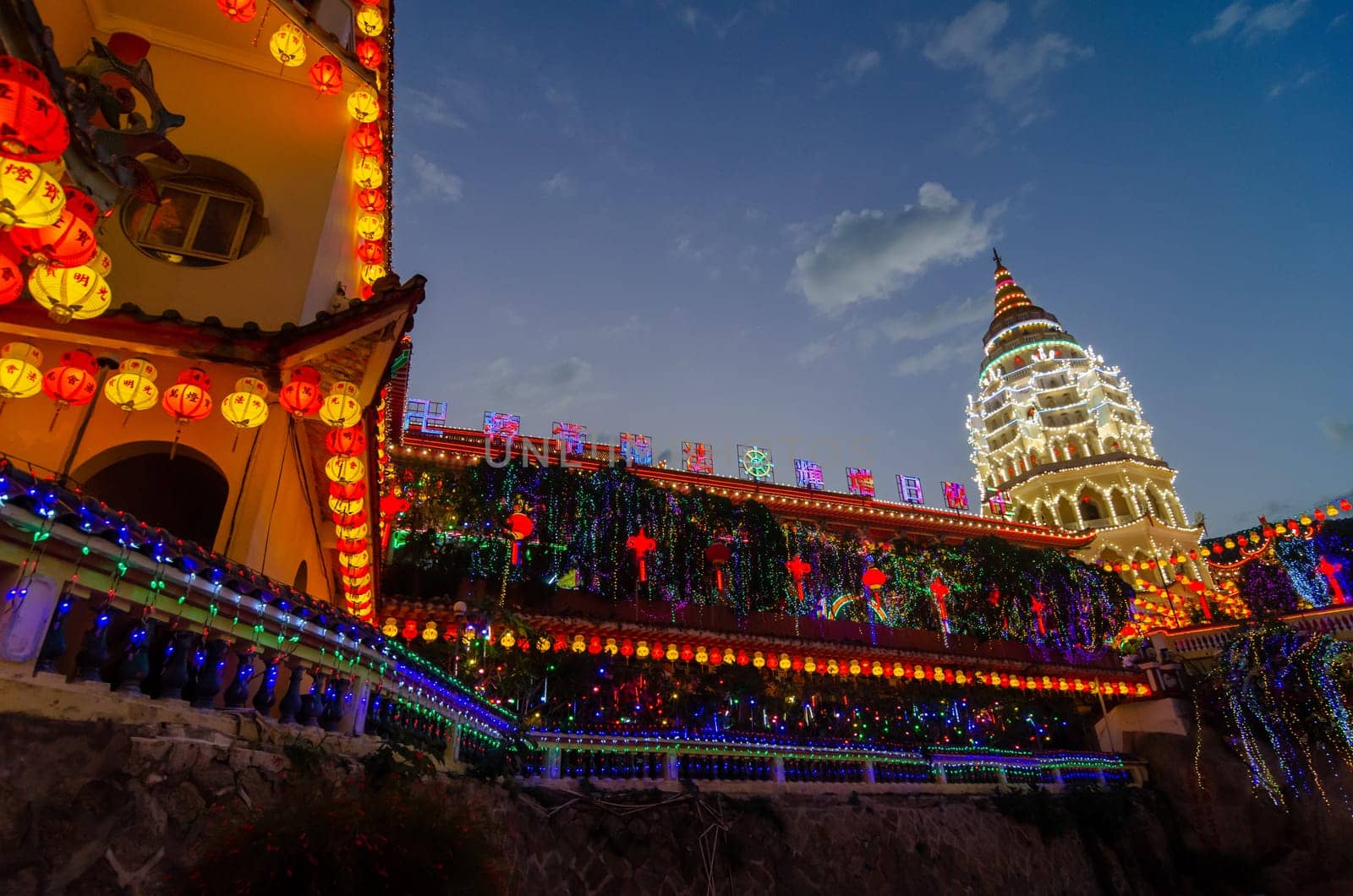 Georgetown, Penang/Malaysia - Feb 20 2020: Kek Lok Si temple during dusk hour.