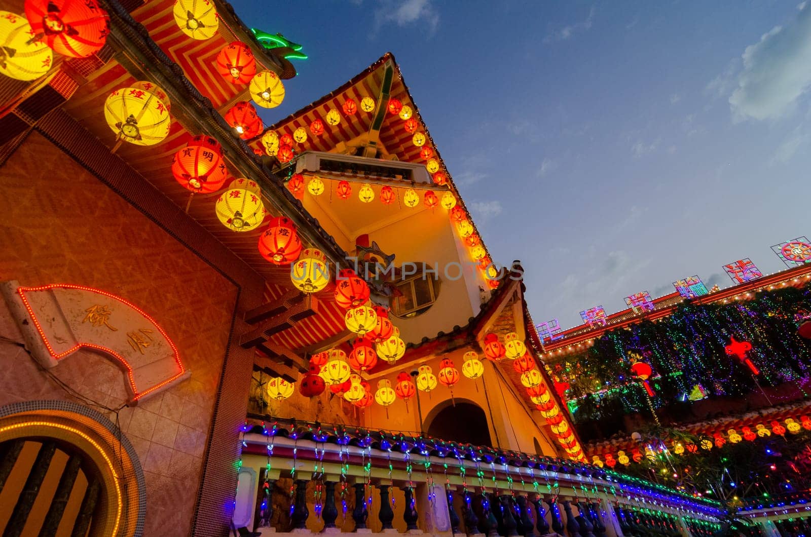 Georgetown, Penang/Malaysia - Feb 20 2020: Architecture Kek Lok Si light up at night.