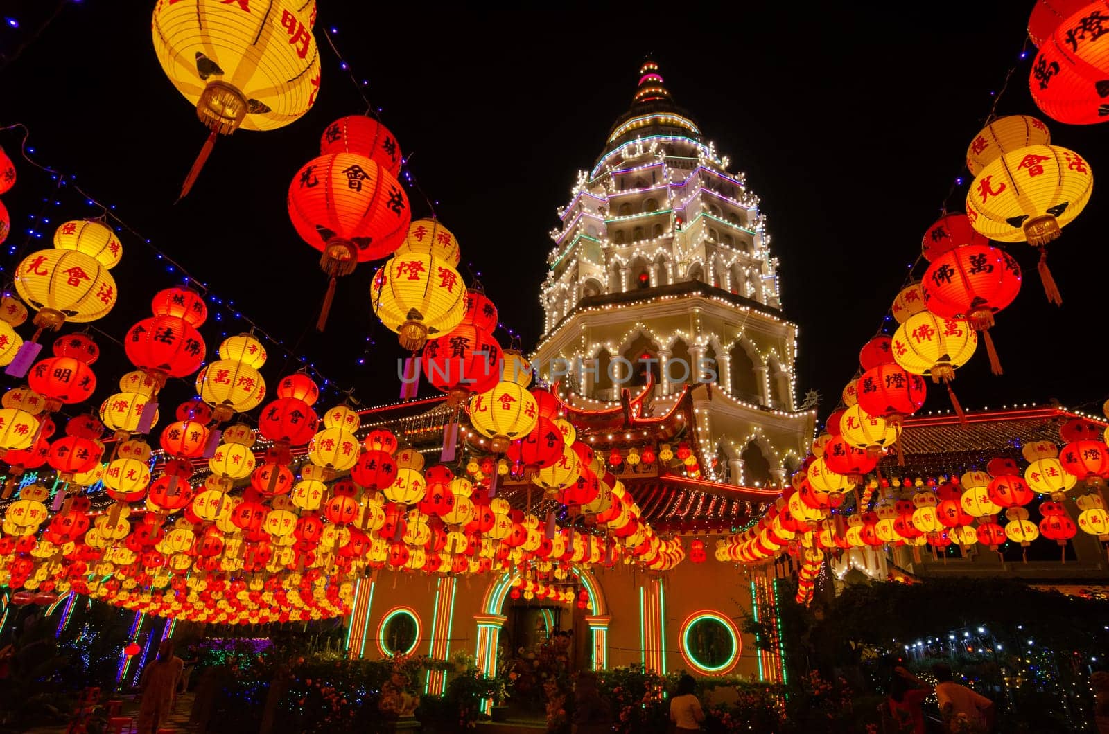 Georgetown, Penang/Malaysia - Feb 20 2020: Kek Lok Si temple with colorful lantern light up at night.