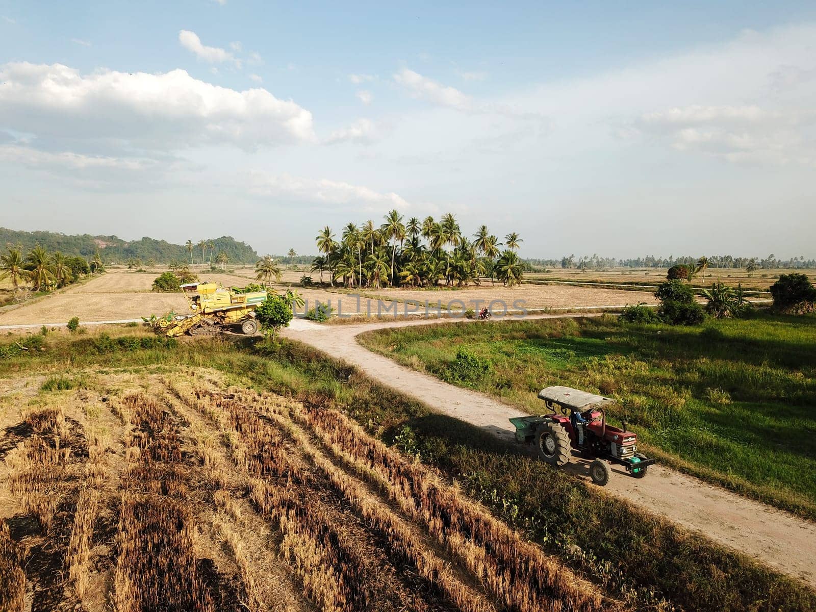 Pulau Sayak, Kedah/Malaysia - Feb 26 2020: Tractor move at path in paddy field.Harvester park at background.