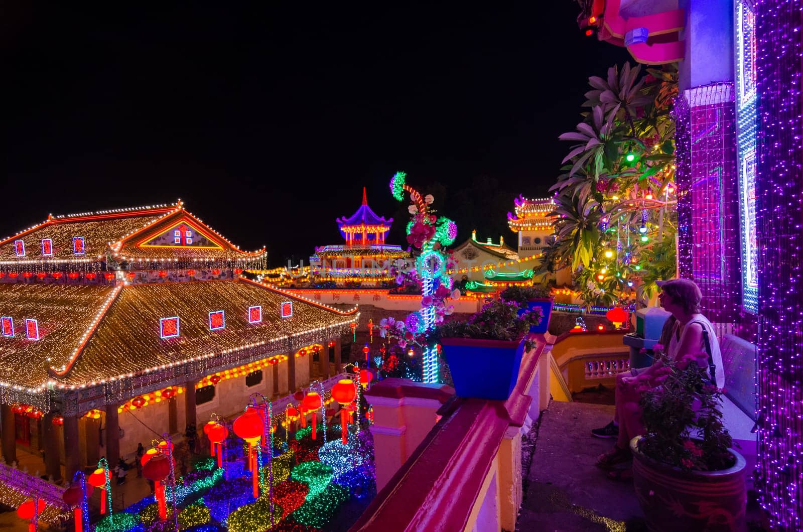 Georgetown, Penang/Malaysia - Feb 20 2020: Architecture at Kek Lok Si temple at night.