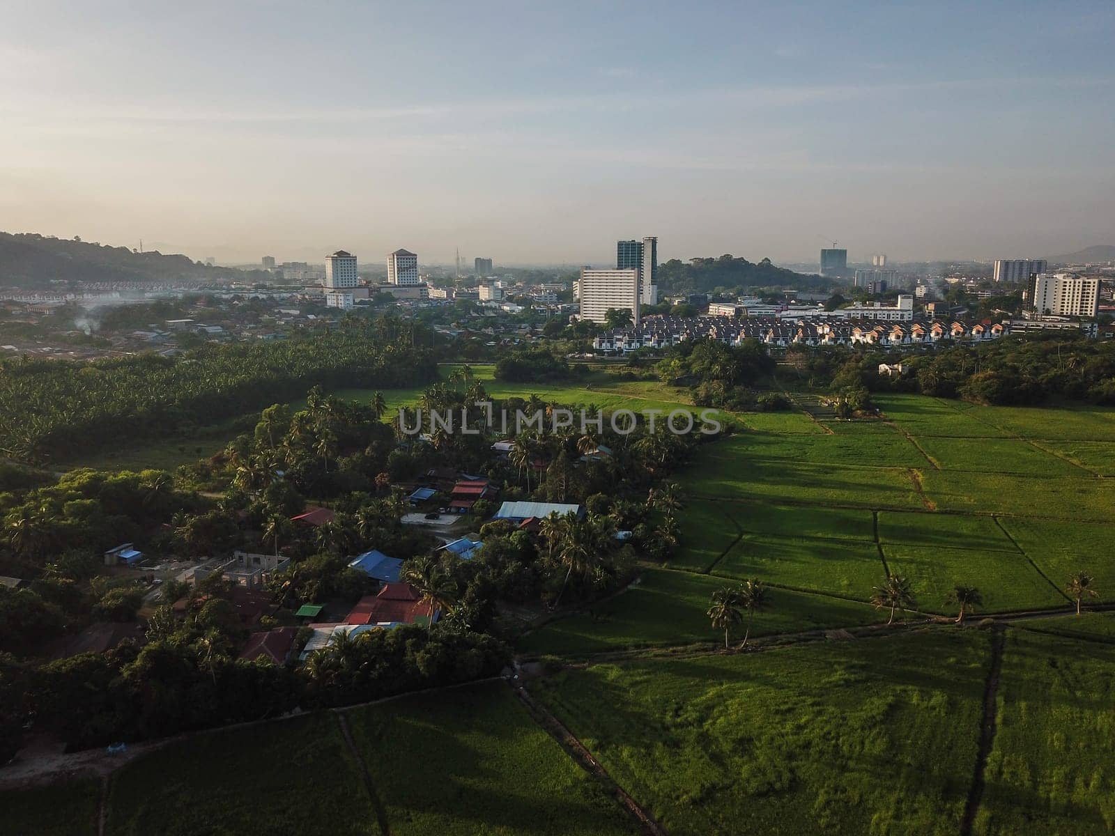 Bukit Mertajam, Penang/Malaysia - Feb 27 2020: Malays kampung beside paddy field, with background BM town.