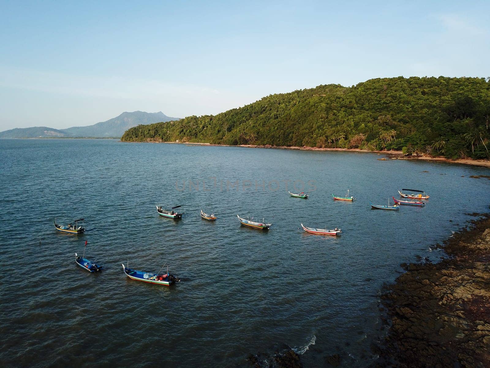 Pulau Sayak, Kedah/Malaysia - Feb 26 2020: Aerial view fishing boat park at seashore.