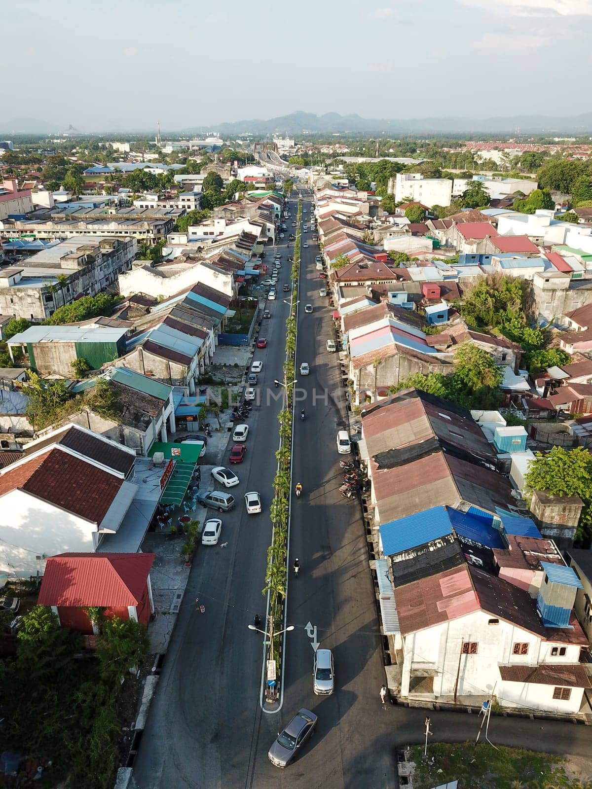 Nibong Tebal, Penang/Malaysia - Feb 27 2020: Aerial view main road at Nibong Tebal old town.