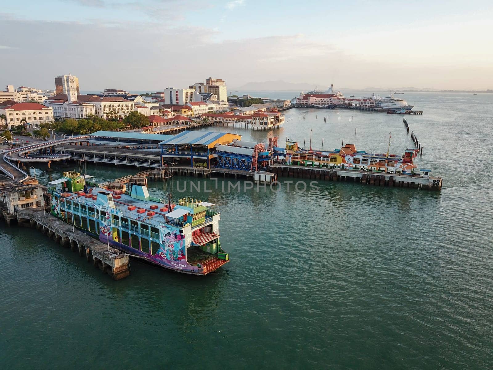 Georgetown, Penang/Malaysia - Feb 28 2020: Aerial view ferry terminal with background Pier Swettenham.