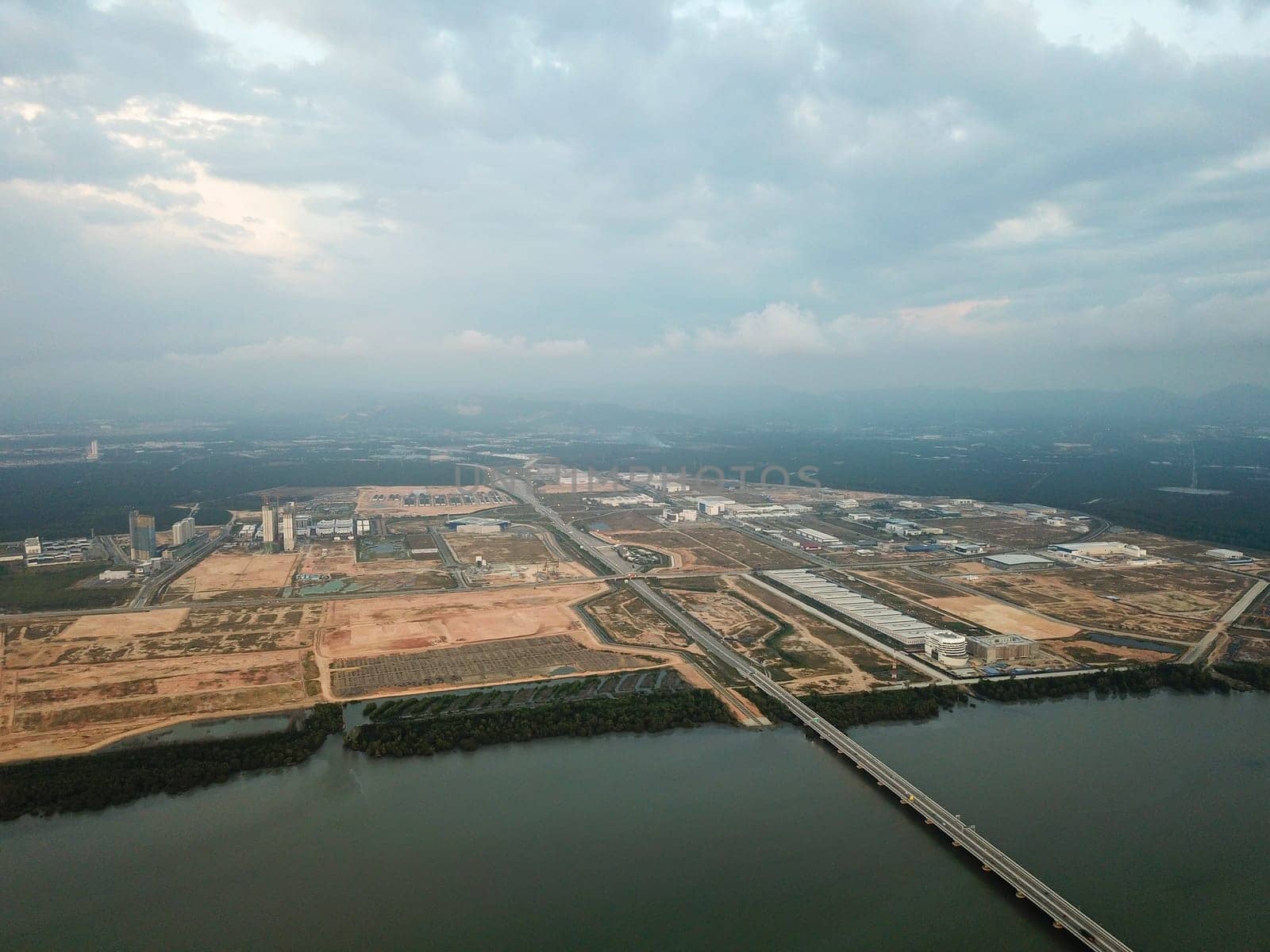 Batu Kawan, Penang/Malaysia - Feb 27 2020: Drone view Sultan Abdul Halim Muadzam Shah Bridge towards Batu Kawan.