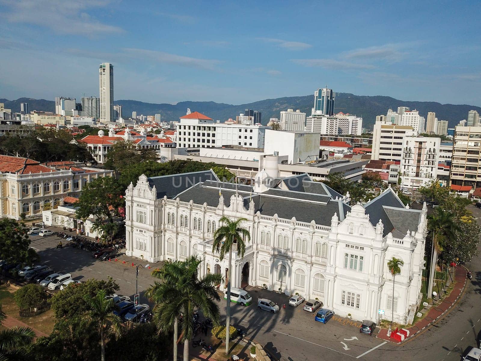 Georgetown, Penang/Malaysia - Feb 28 2020: Aerial view City Hall with background KOMTAR building.