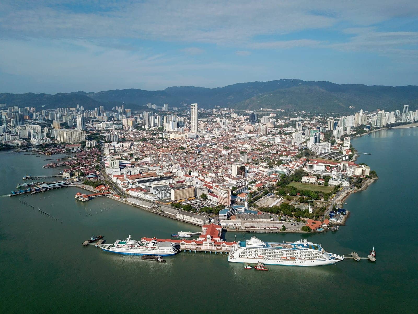 Georgetown, Penang/Malaysia - Feb 28 2020: Aerial view Port Swettenham at Georgetown City.