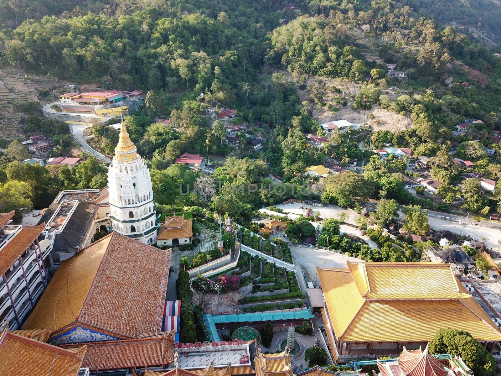 Georgetown, Penang/Malaysia - Feb 28 2020: Aerial view Kek Lok Si Temple and green scenery.