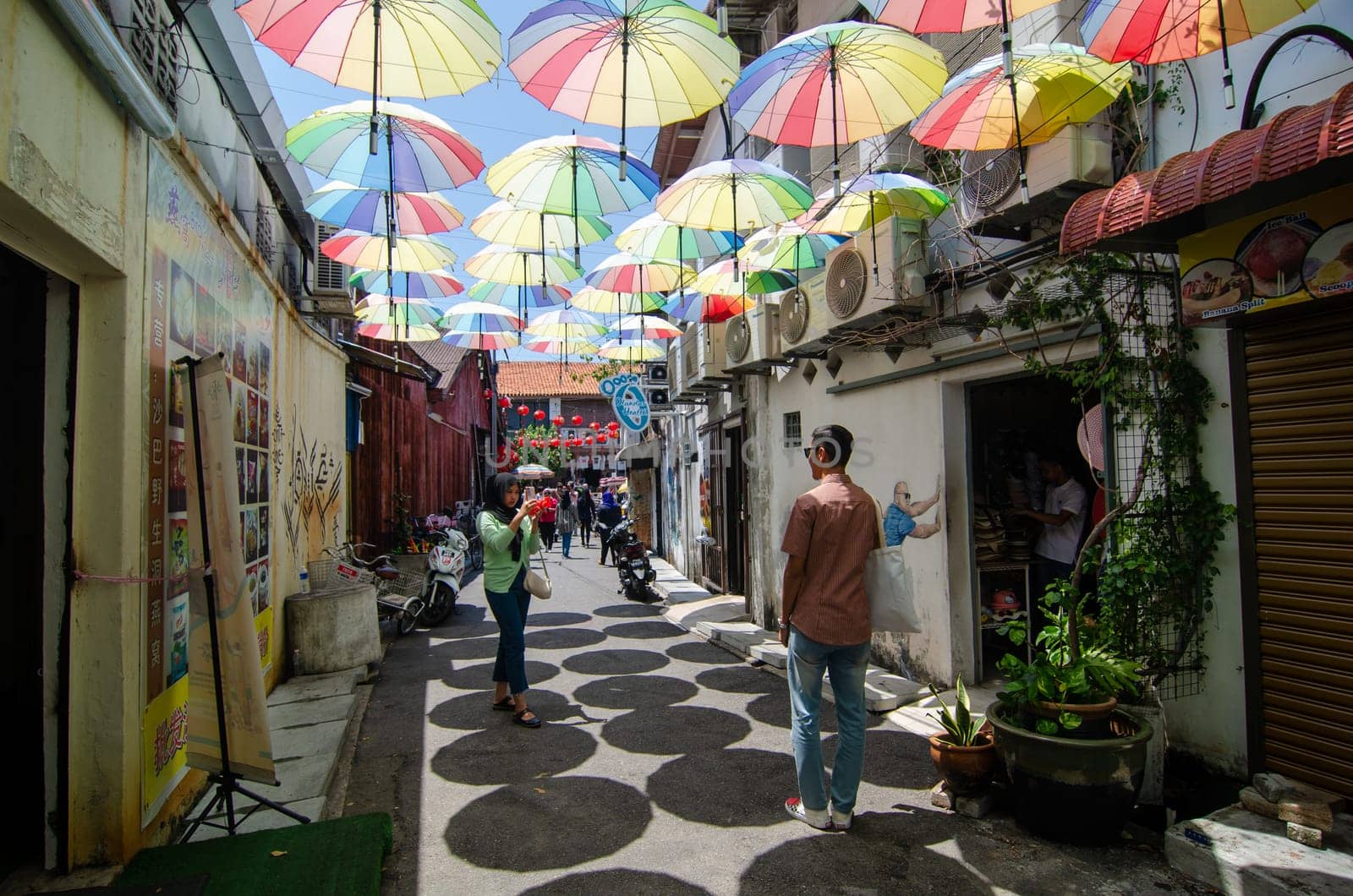 Georgetown, Penang/Malaysia - Feb 27 2020: Colorful umbrella at alley near Armenian Street.