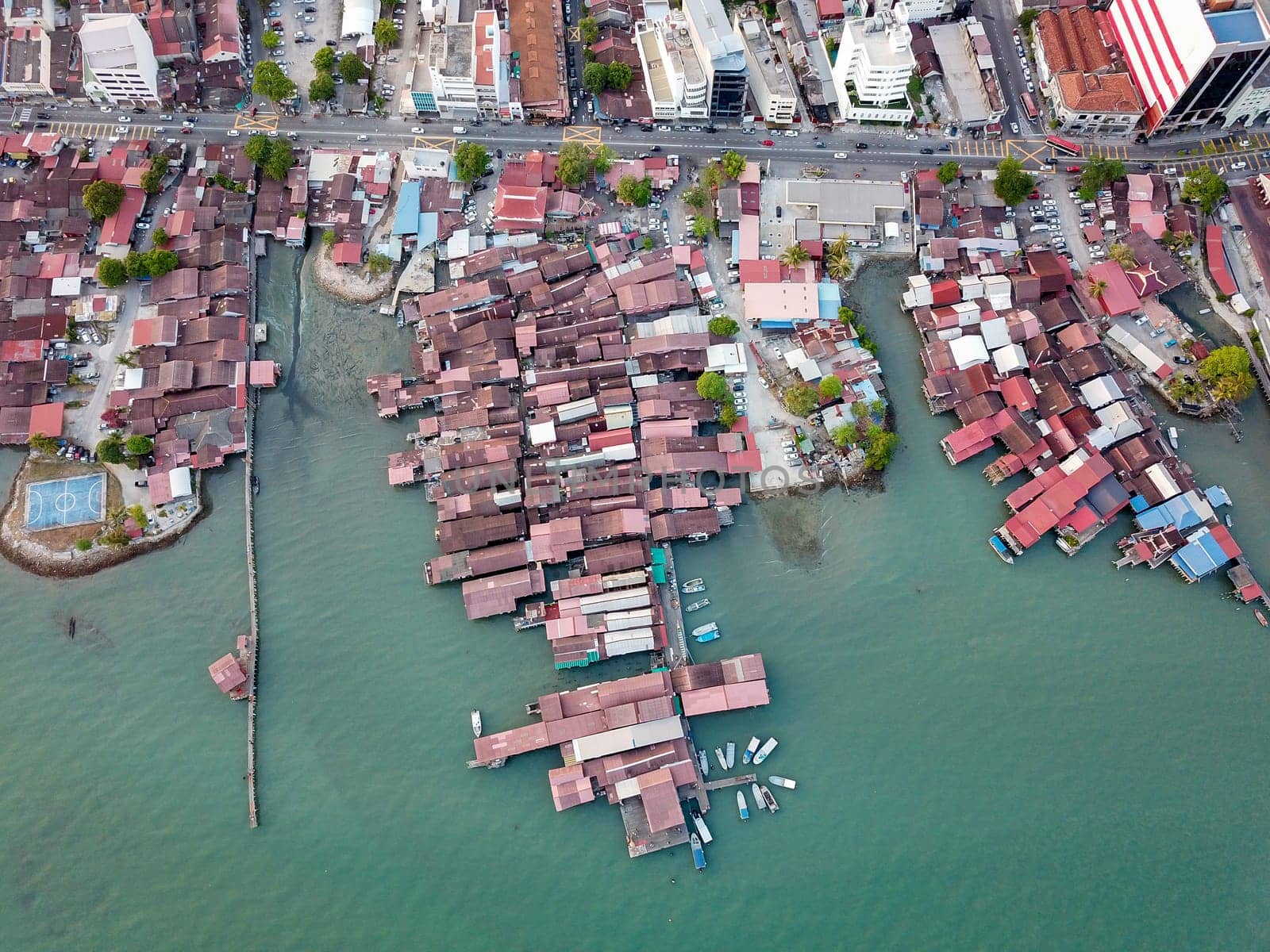 Georgetown, Penang/Malaysia - Feb 28 2020: Bird eye view clan jetty near Pangkalan Weld.