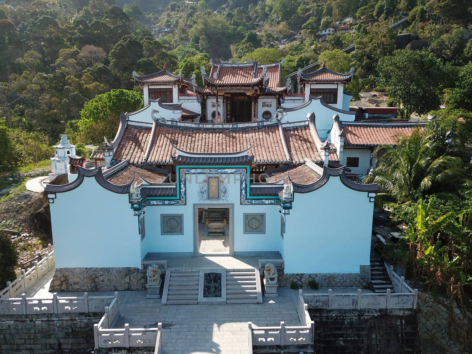 Georgetown, Penang/Malaysia - Feb 28 2020: Aerial blue temple Jade Emperor God Temple Air Itam.