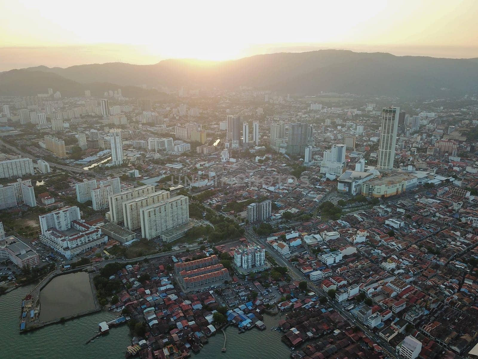 Georgetown, Penang/Malaysia - Feb 28 2020: Aerial view sunset Georgetown.