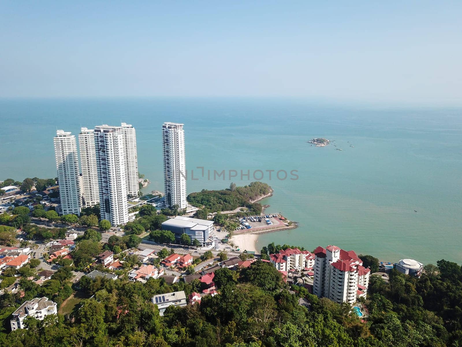 Georgetown, Penang/Malaysia - Mar 03 2020: Aerial view Tanjung Bungah Hotel, condo beside the sea.