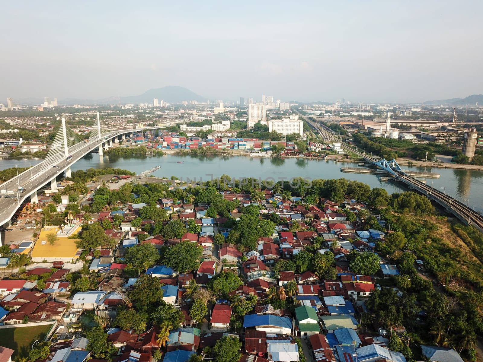 Perai, Penang/Malaysia - Mar 02 2020: Swing Bridge and Perai Bridge at Sungai Perai.