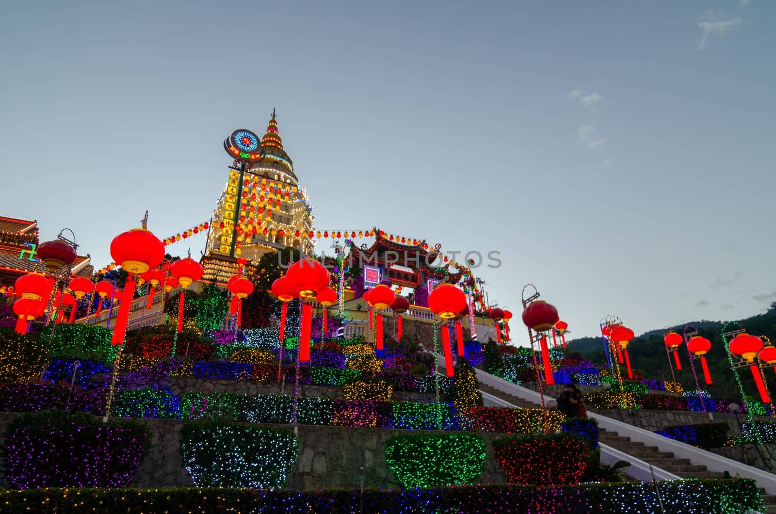 Georgetown, Penang/Malaysia - Feb 20 2020: Blue hour of Kek Lok Si with colorful red lantern.
