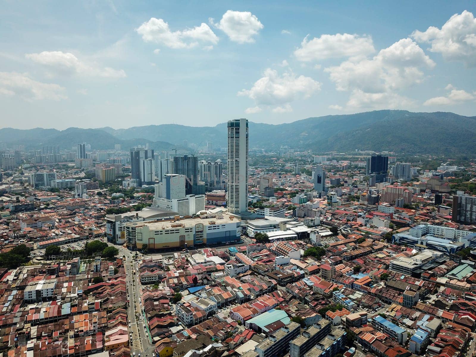 Georgetown, Penang/Malaysia - Feb 28 2020: Aerial Georgetown city under blue sky.