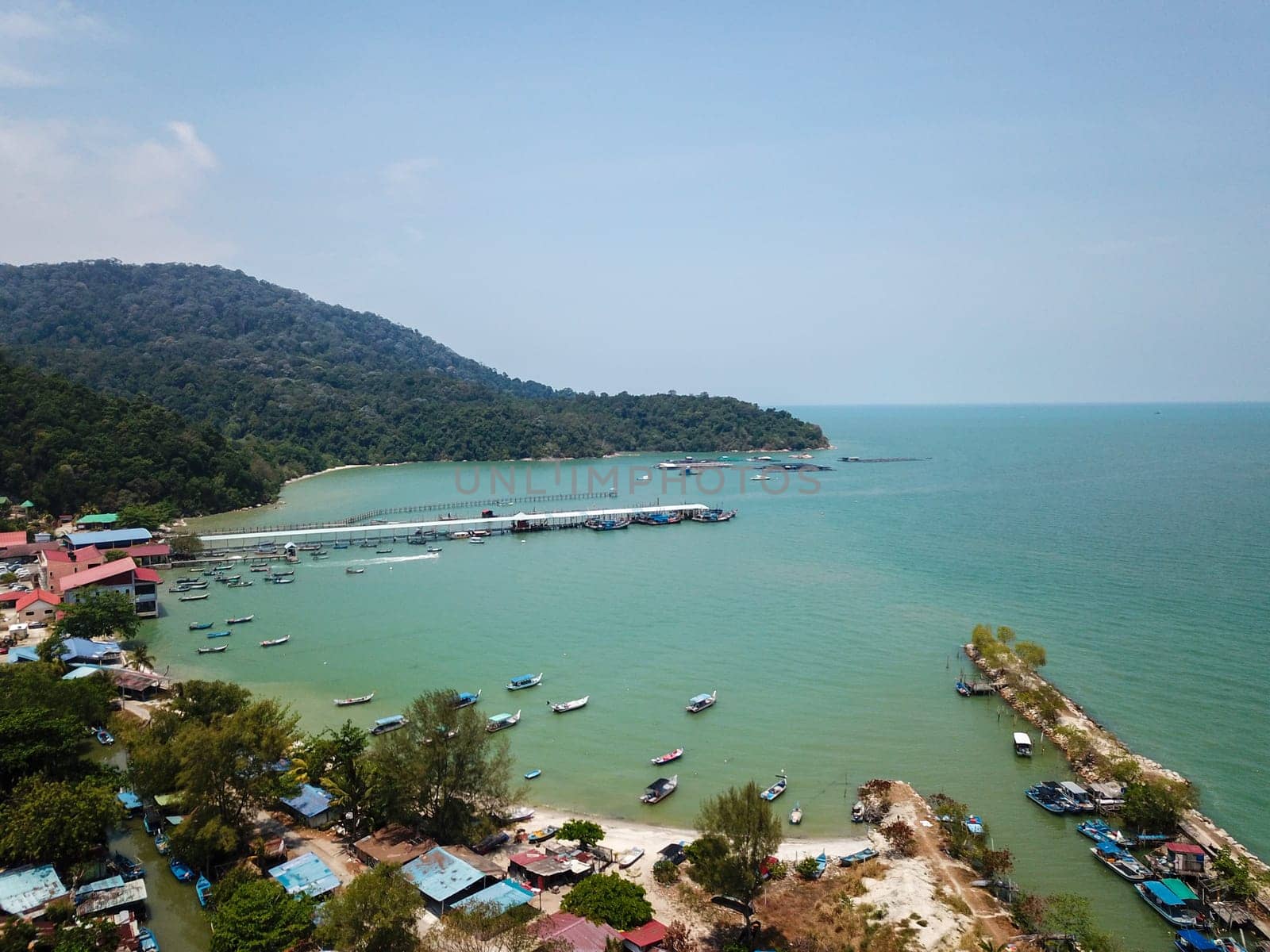 Teluk Bahang, Penang/Malaysia - Mar 08 2020: Drone view fisherman jetty