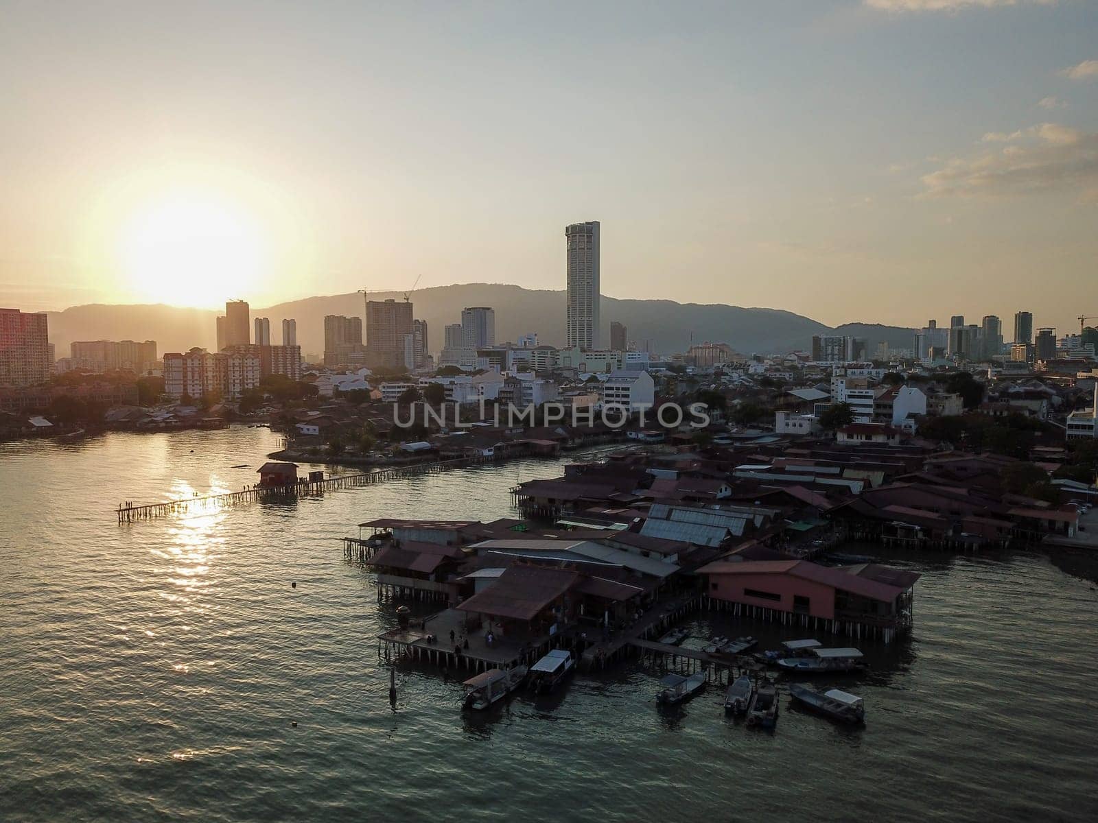Georgetown, Penang/Malaysia - Feb 28 2020: Aerial view wooden stilt house at sea near UNESCO World Heritage site Gaeorgetown