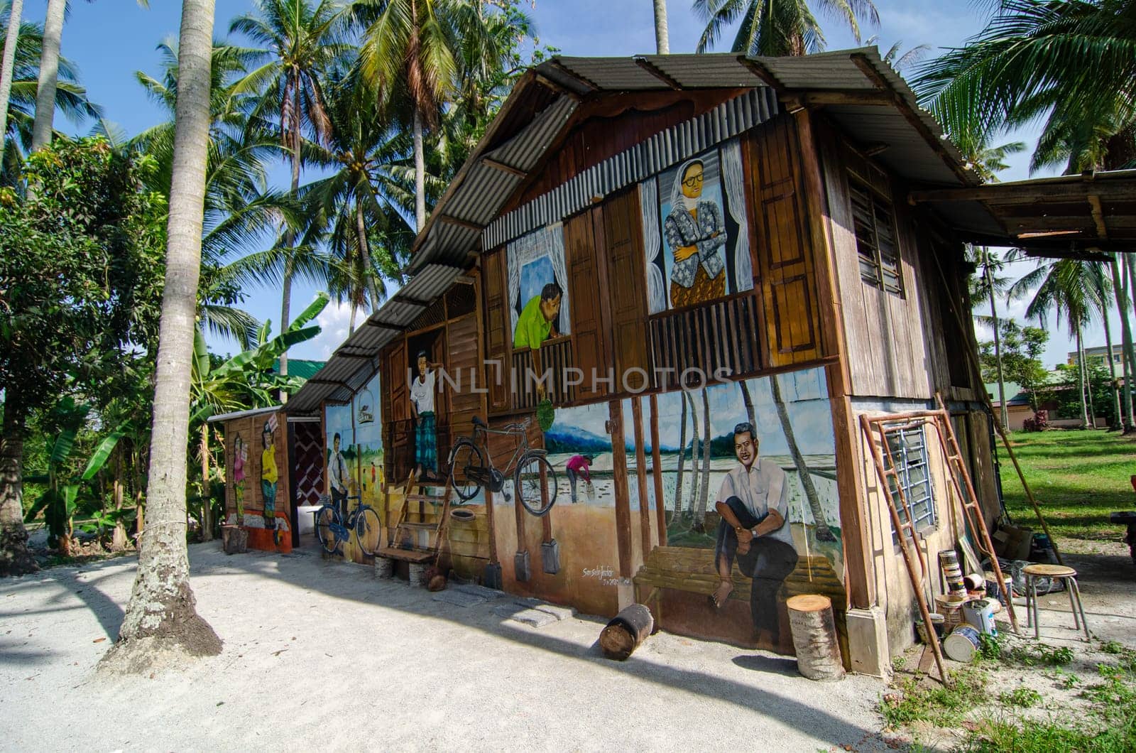 Penaga, Penang/Malaysia - Mar 15 2020: Mural art at kampung house.
