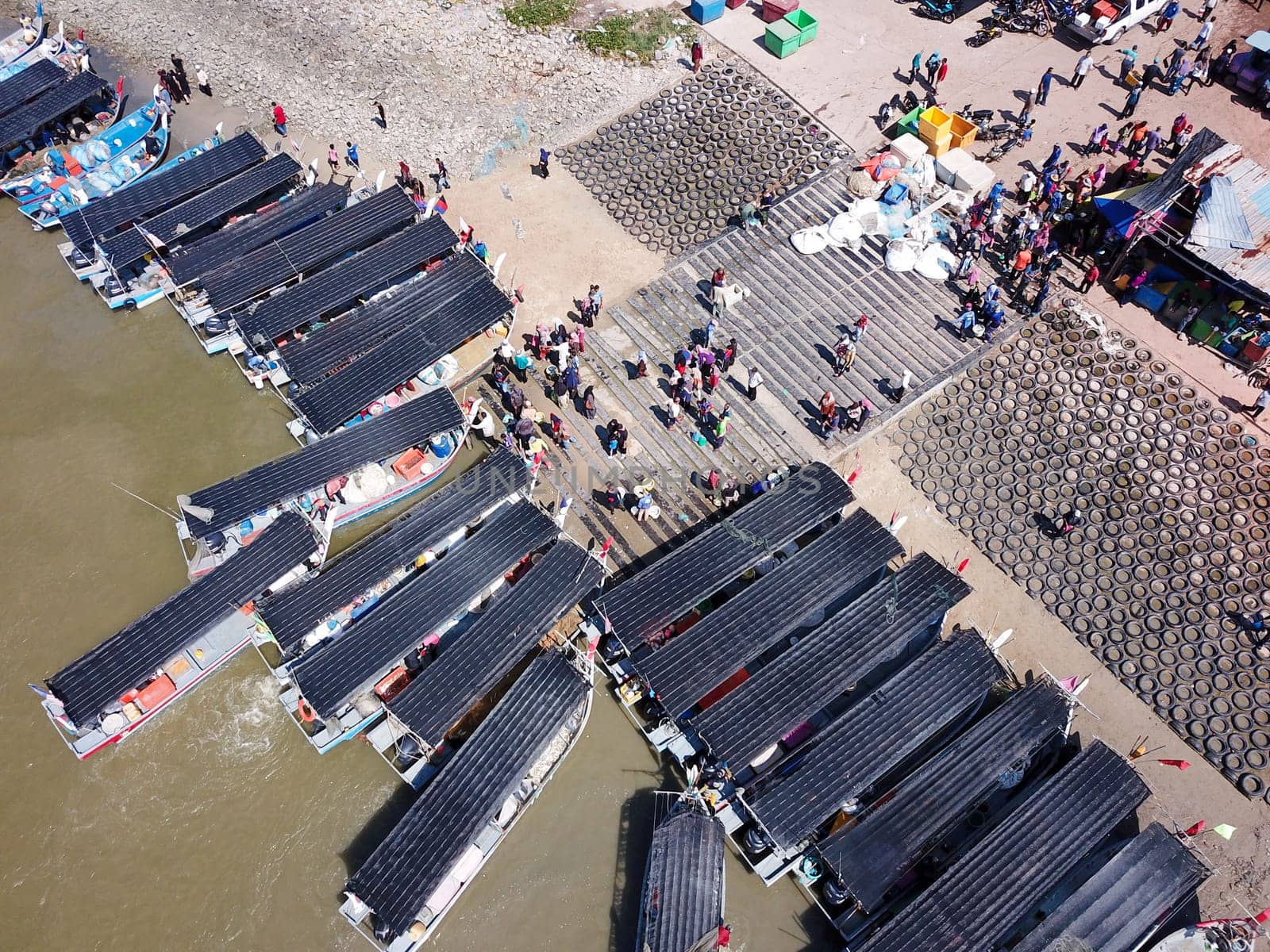 Penaga, Penang/Malaysia - Mar 14 2020: Aerial view Kuala Muda fishing boat.