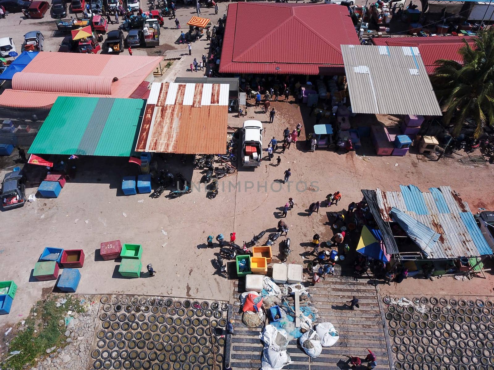 Penaga, Penang/Malaysia - Mar 14 2020: Busy people buy seafood at jetty.