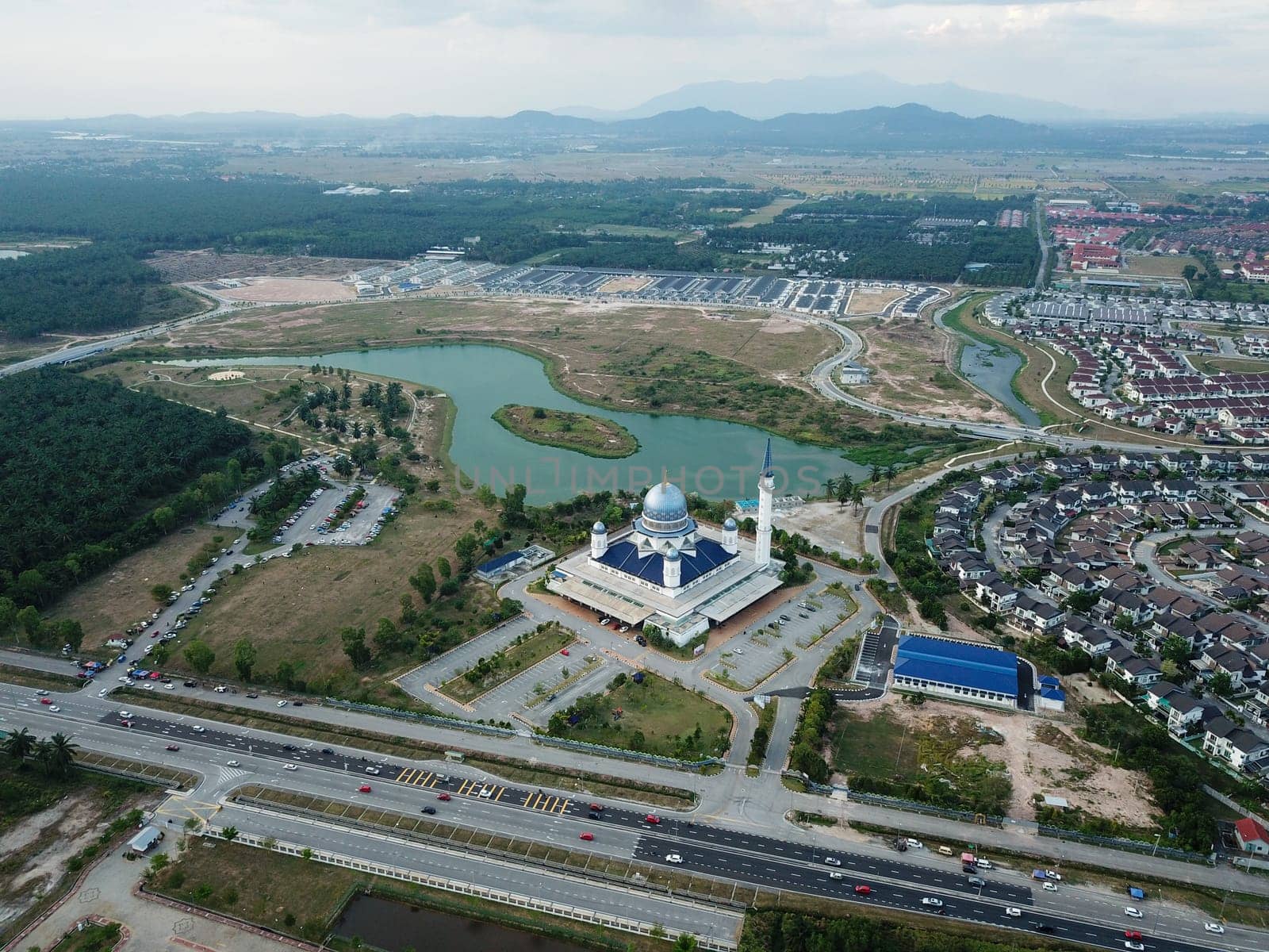 Kepala Batas, Penang/Malaysia - Mar 15 2020: Drone view Abdullah Fahim Mosque at town.