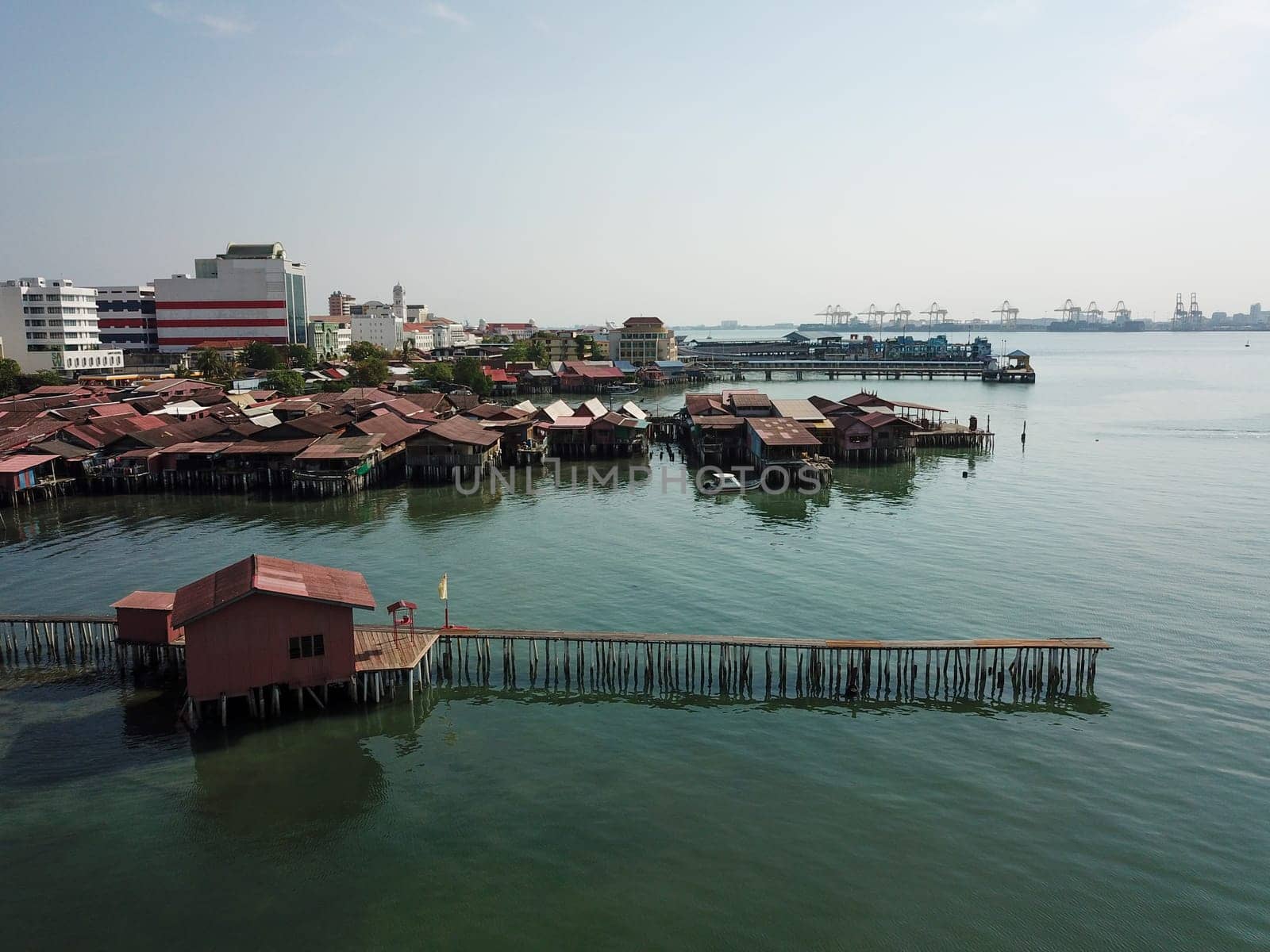 Georgetown, Penang/Malaysia - Mar 17 2020: Drone view clan jetty wooden bridge.