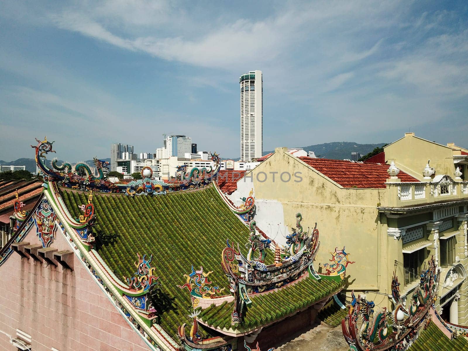 Georgetown, Penang/Malaysia - Mar 17 2020: Aerial view colorful rooftop with decoration at Yap Kongsi Temple.