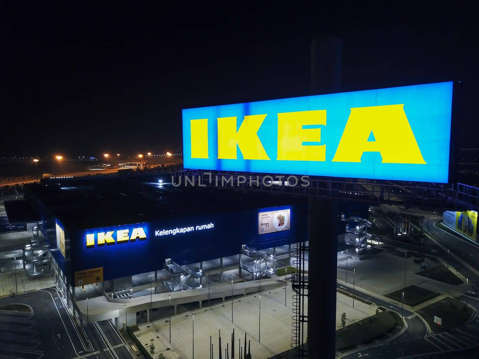 IKEA signboard at night.