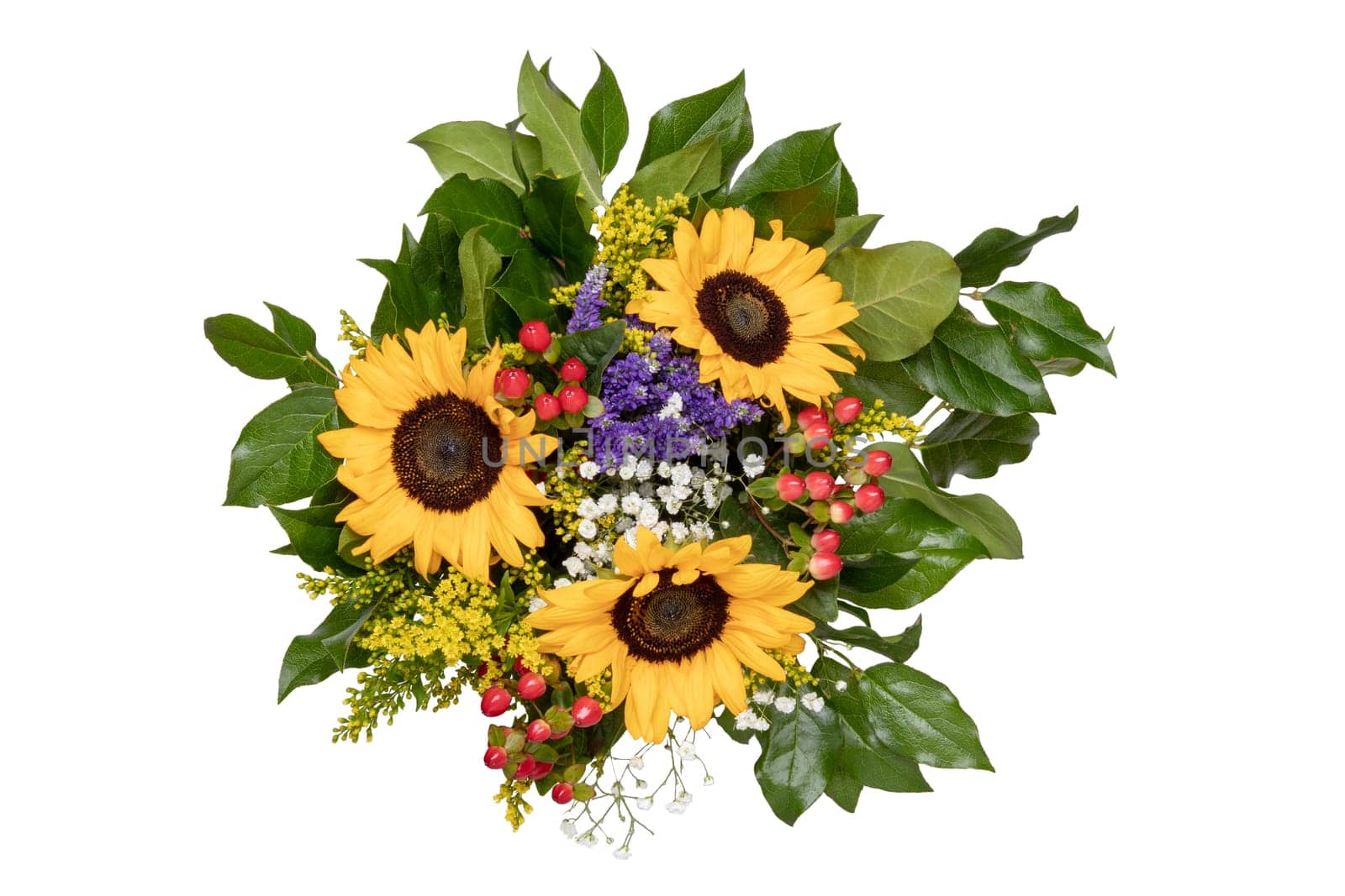 Flower bouquet isolated. Bouquet of beautiful fresh sunflowers top view isolated on a white background. Flower decorations design element. Birthday, Mother day and other festivals.