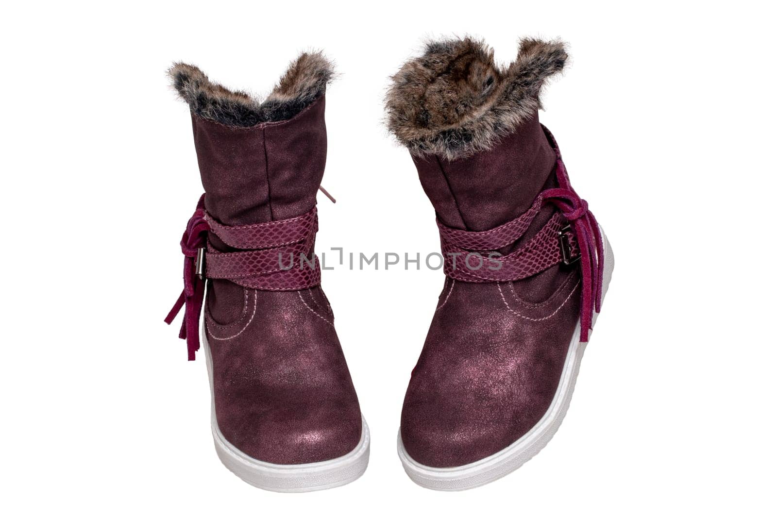 Winter shoes isolated. Close-up of a pair elegant violet suede leather winter boots and lined with brown fur. Girls winter shoe fashion new trends isolated on a white background. Macro photograph.