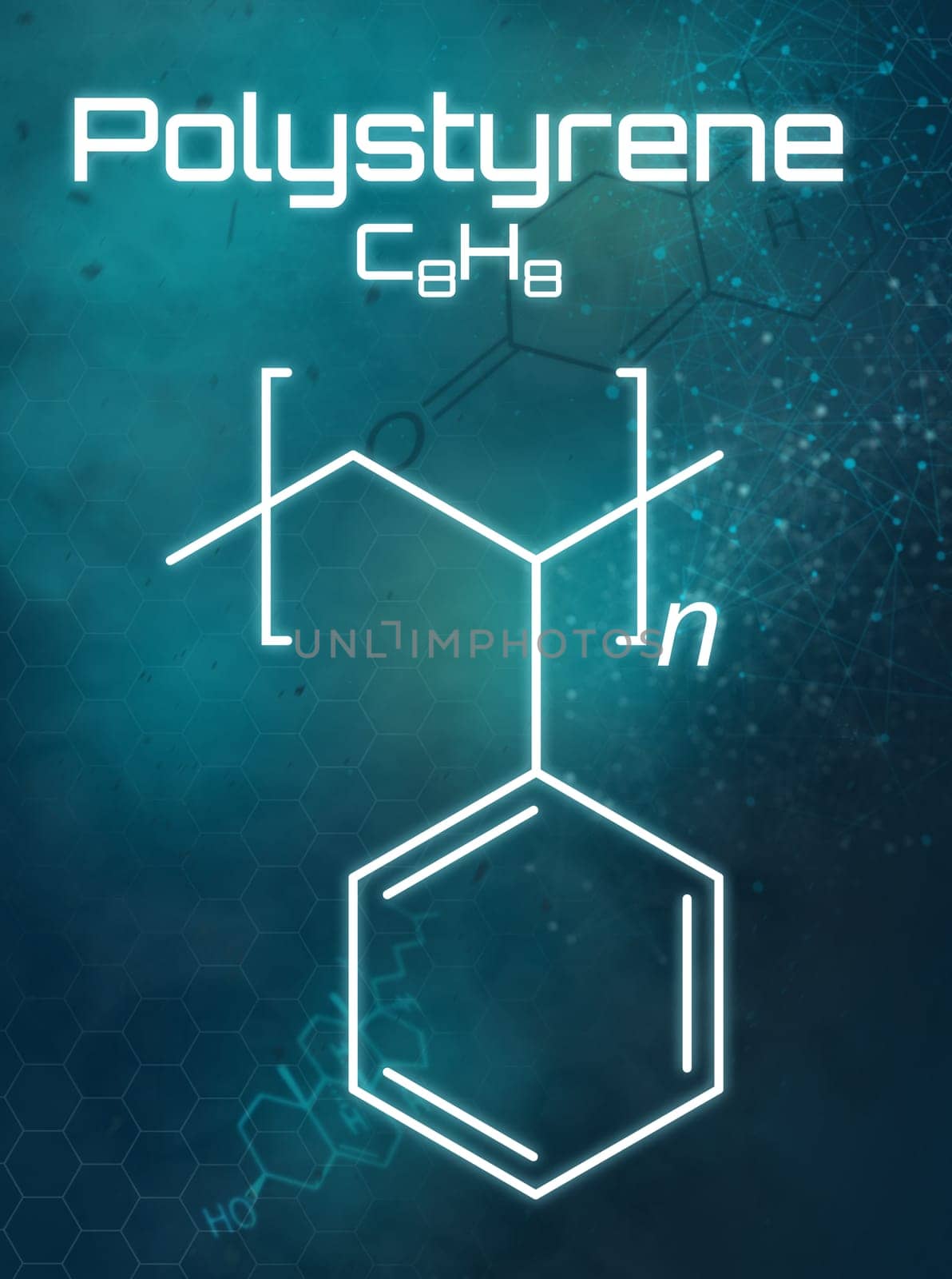 Chemical formula of Polystyrene on a futuristic background