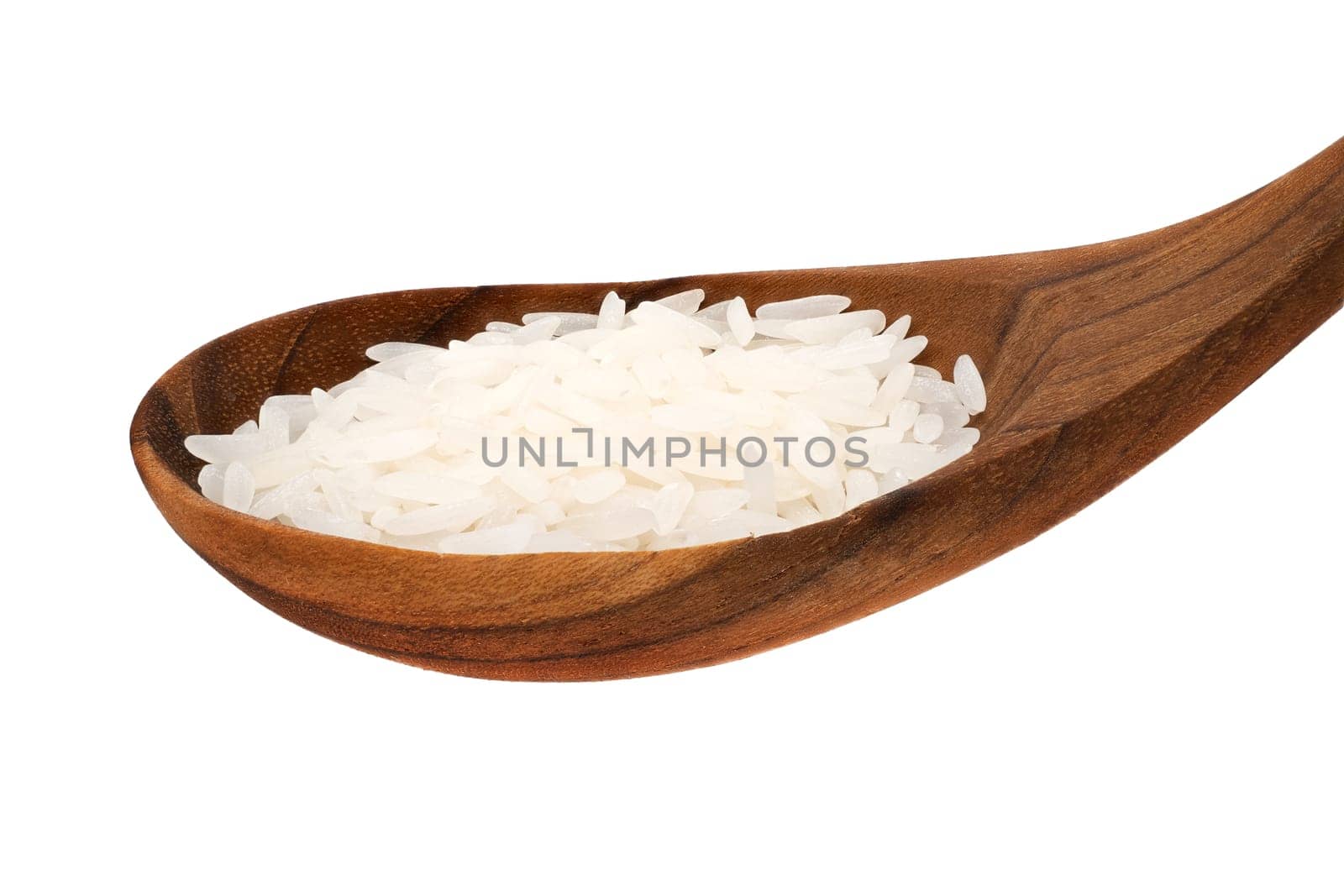 Rice With Wooden Spoon, close up of food with white background