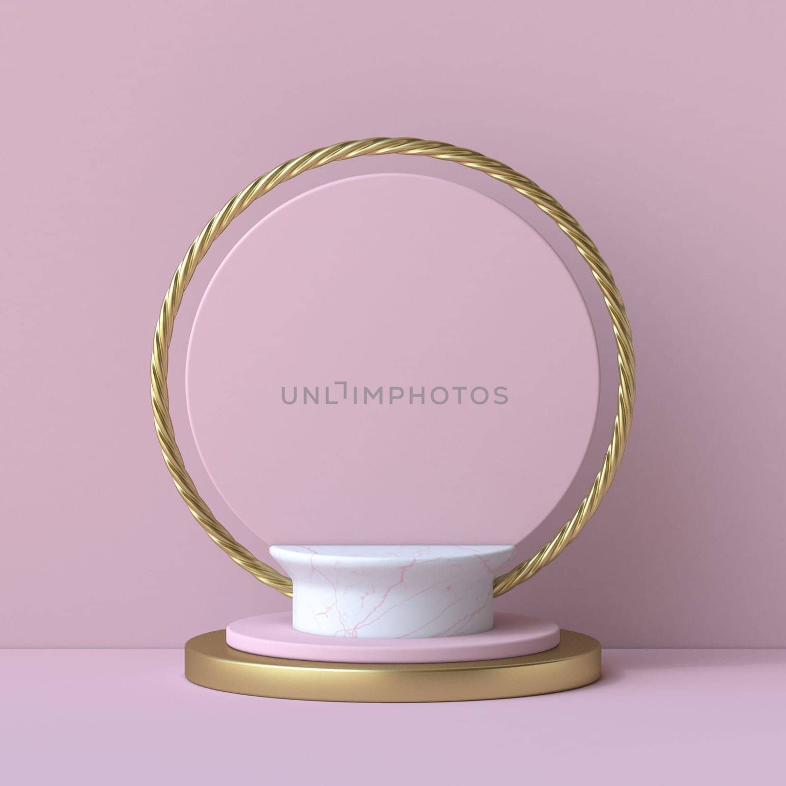 Mock up podium for product presentation Marble and gold 3D render illustration on pink background