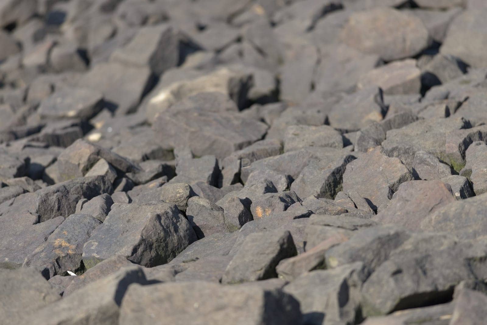 Various sizes of stone boulders from the edge of a reservoir form a full frame image. Warm plain color tones from evening sunlight. Natural outdoors