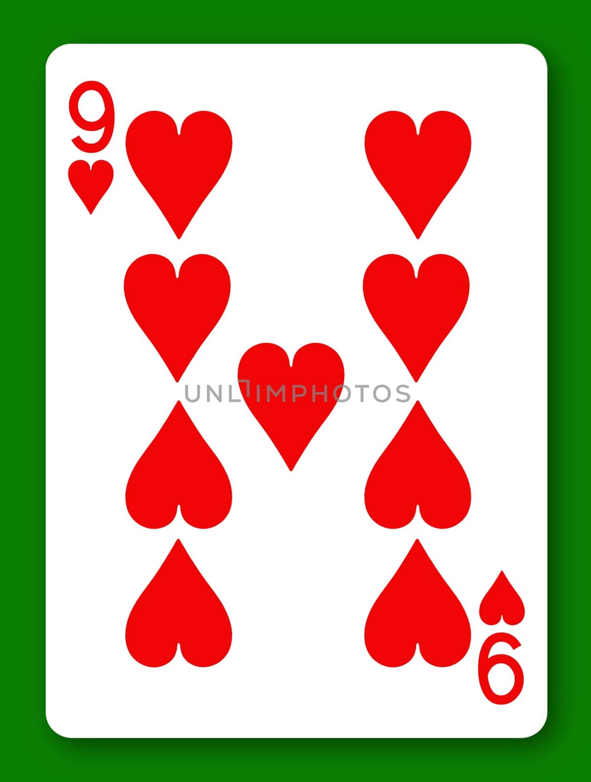 A 9 Nine of Hearts playing card with clipping path to remove background and shadow