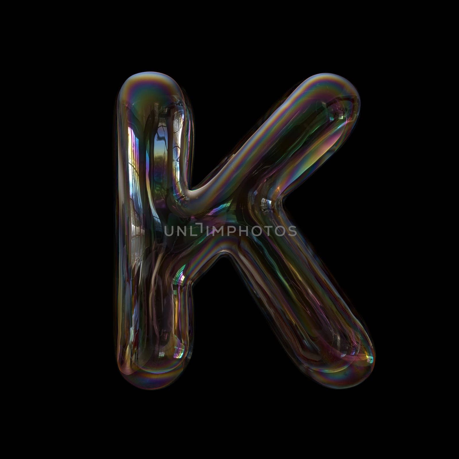 Soap bubble letter K - Uppercase 3d transparent font isolated on black background. This alphabet is perfect for creative illustrations related but not limited to childhood, imagination, fragility...