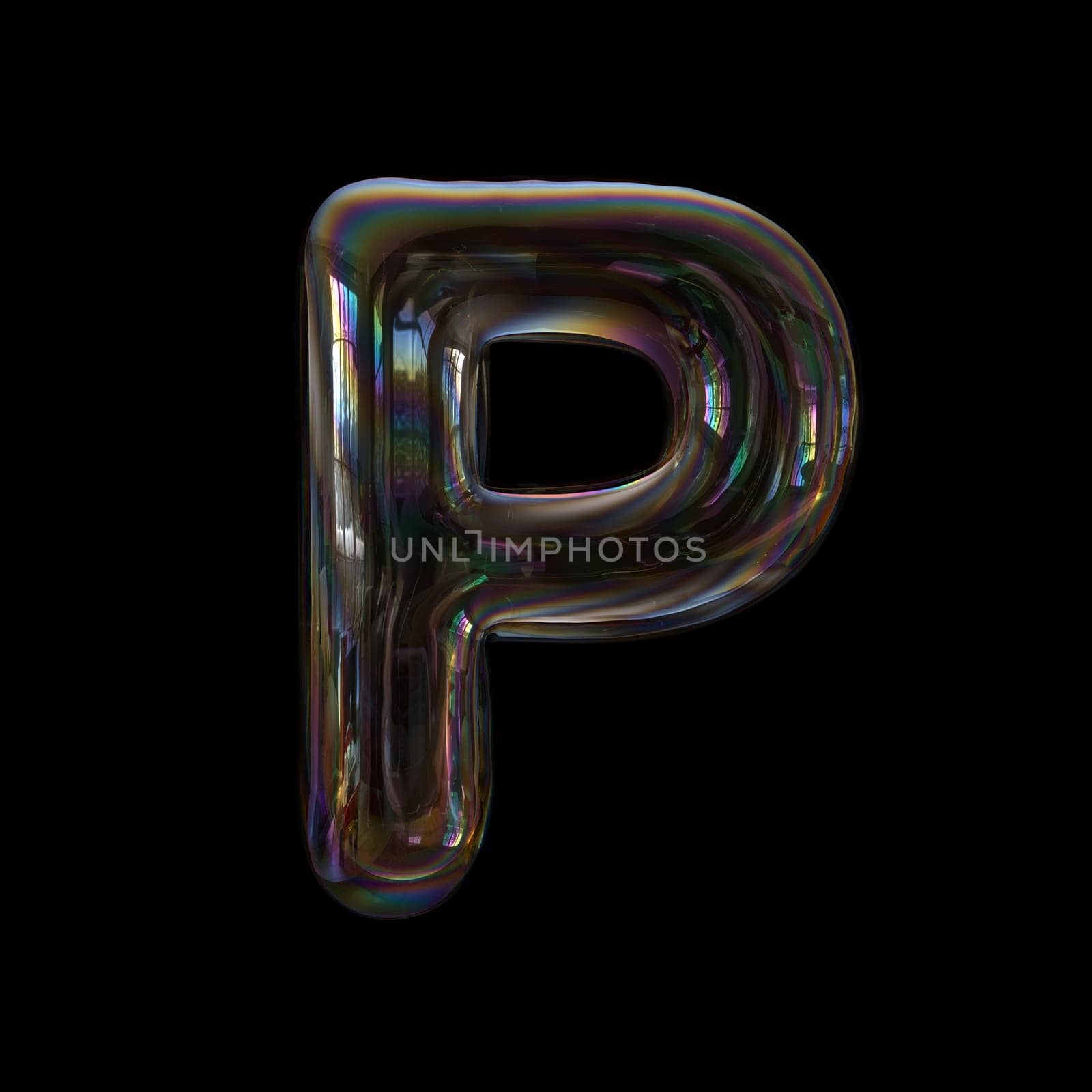 Soap bubble letter P - Upper-case 3d transparent font isolated on black background. This alphabet is perfect for creative illustrations related but not limited to childhood, imagination, fragility...
