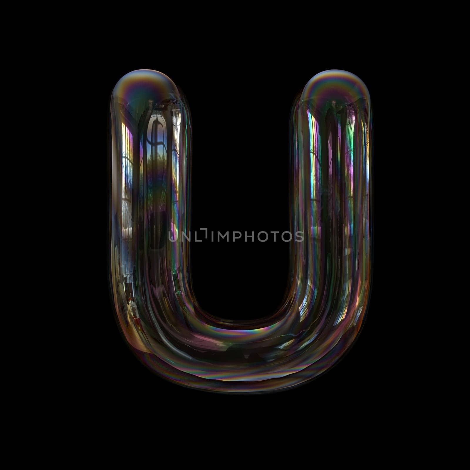 Soap bubble letter U - Capital 3d transparent font isolated on black background. This alphabet is perfect for creative illustrations related but not limited to childhood, imagination, fragility...