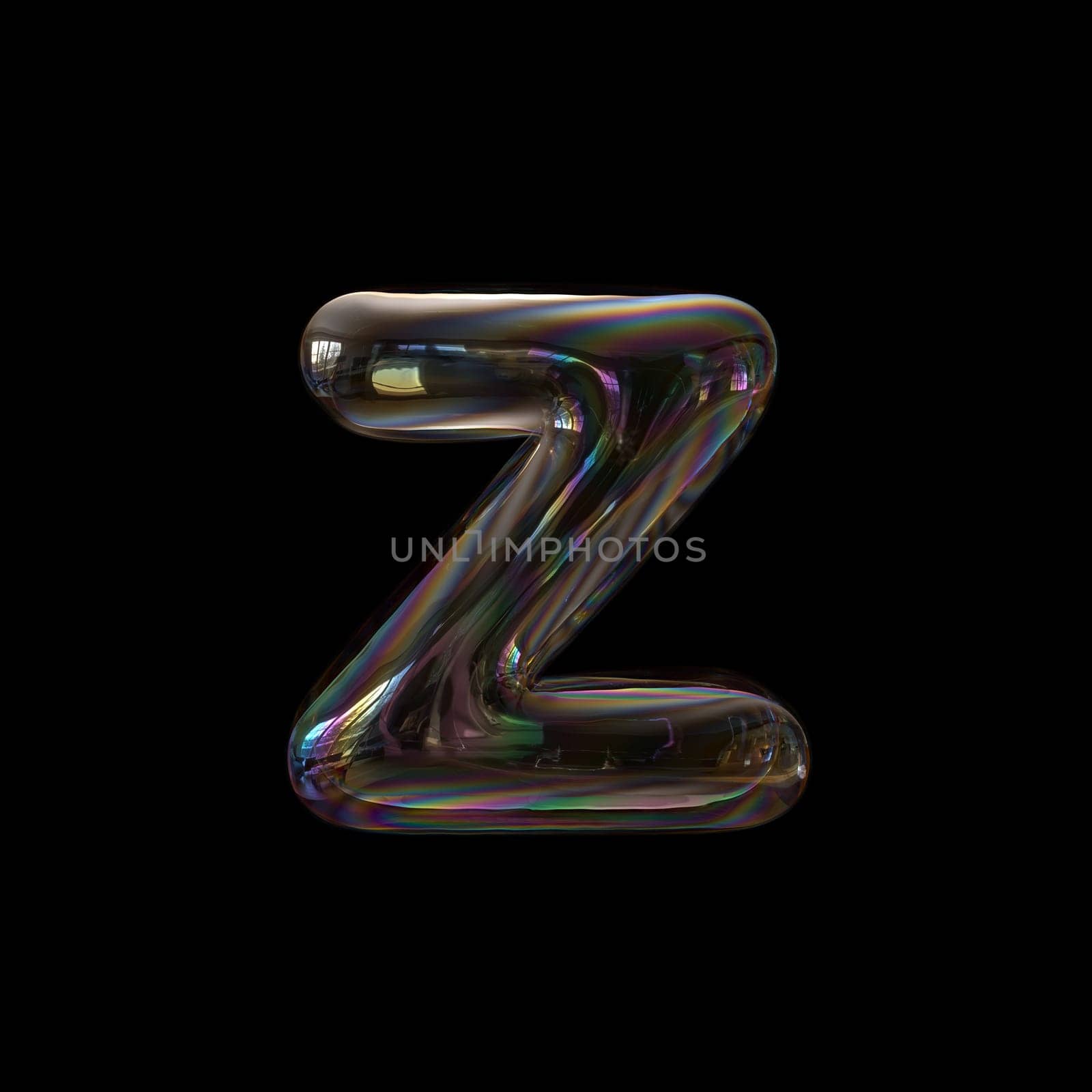 Soap bubble letter Z - Lower-case 3d transparent font isolated on black background. This alphabet is perfect for creative illustrations related but not limited to childhood, imagination, fragility...