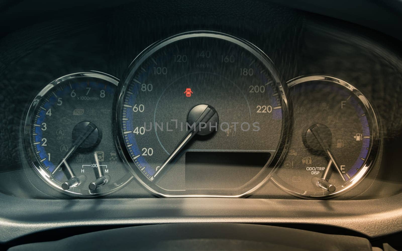 Car Dashboard on Car Console and Door Open Signal and Speed Dial in Vintage Tone