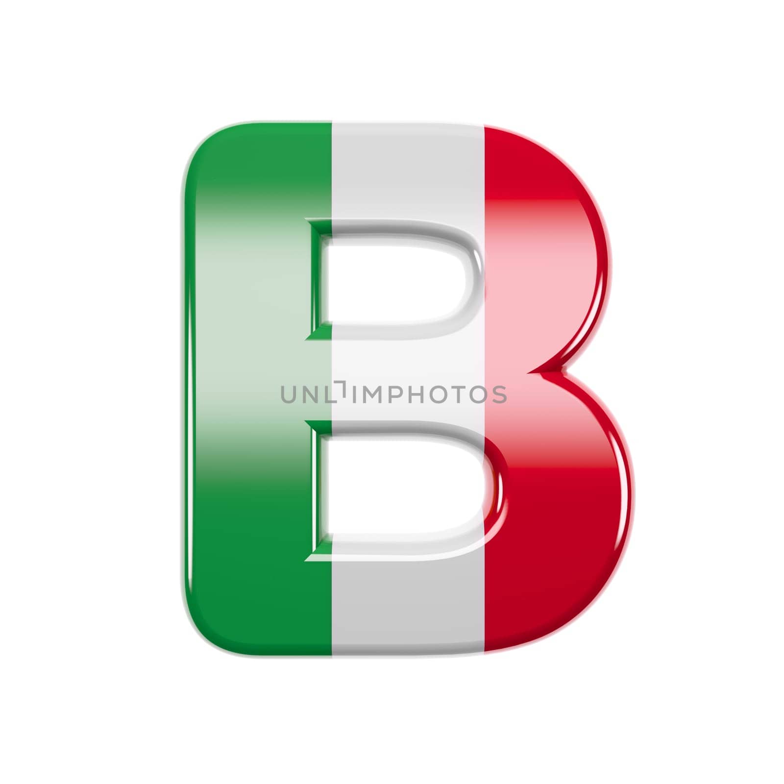 Italian letter B - large 3d Italy flag font isolated on white background. This alphabet is perfect for creative illustrations related but not limited to Italy, Europe, Rome...